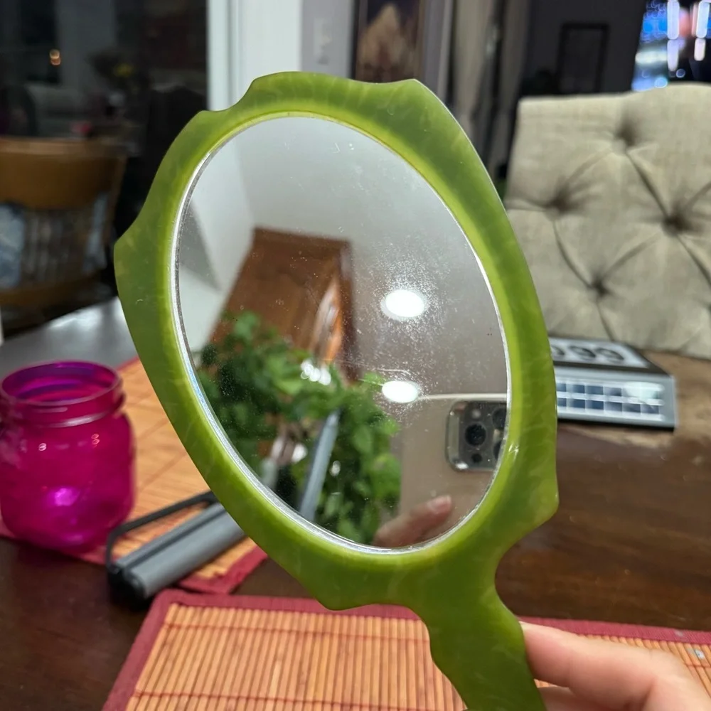 Bakelite Celluloid Green Art Deco Vanity Handheld Mirror Vintage Fancy 1920’s
